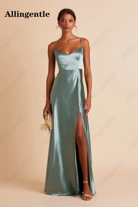 Allingave-Lado V-Neck Split vestido de dama de honra feminino, cintas, A-Line, até o chão, cetim vestido de dama de honra, Sexy, 2024