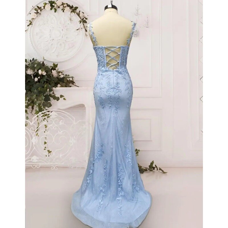 Lace Applique Mermaid Tulle Prom Vestidos para mulheres, espartilho longo com pescoço, Vestidos de noite formais com fenda