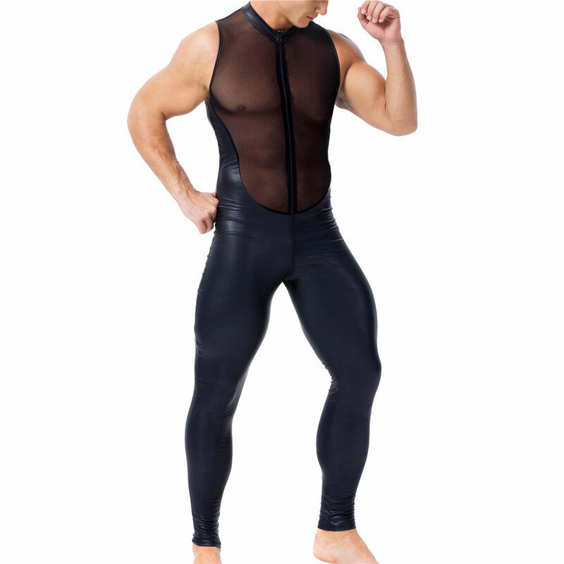 Nam Undershirts Da PU WetLook 1 Leotard Giai Đoạn Dancewear Quần Dài Quần Xem Qua Áo Bodysuits Liền Quần