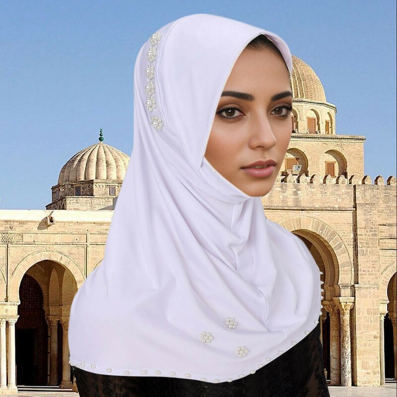 Hijab instantáneo con perlas para mujer, bufanda de cabeza de Jersey Premium musulmán, turbante suave, transpirable, Hijab interior
