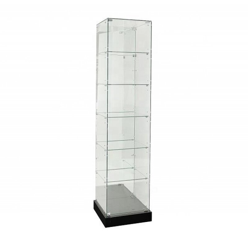 Custom, disassembled glass display tower Frameless full showcase tower with black base