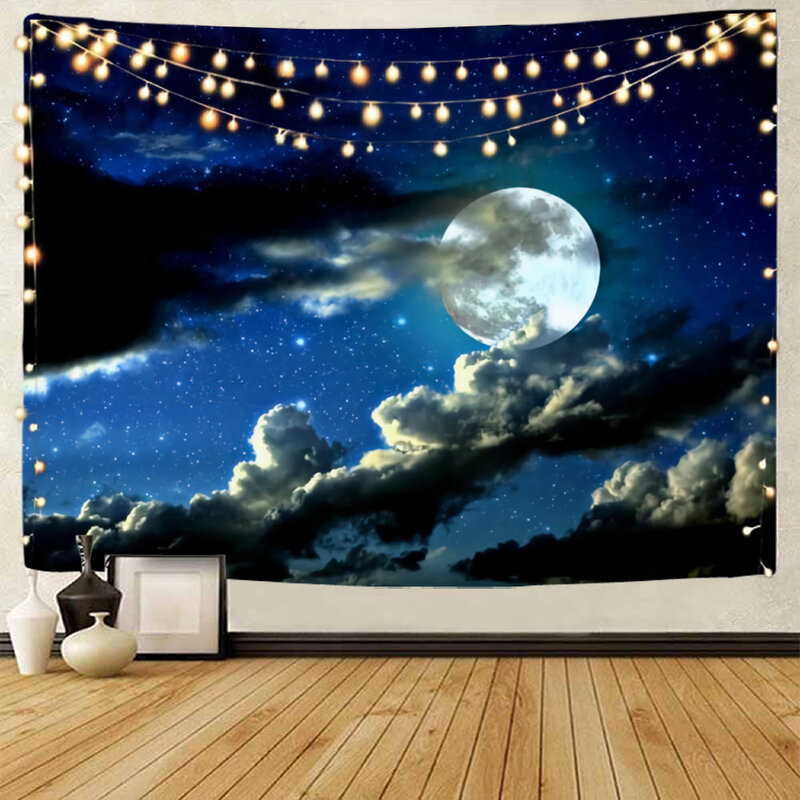 Tapeçaria decorativa da lua bonita, paisagem do céu estrelado, lua, nuvens brancas, céu estrelado, paisagem noturna, paisagem ao luar