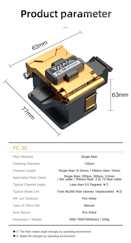 Cuchilla de fibra óptica portátil TAWAA FC-30, doble accesorio estándar, menos de 0,5 grados (48000 veces la vida de la hoja)