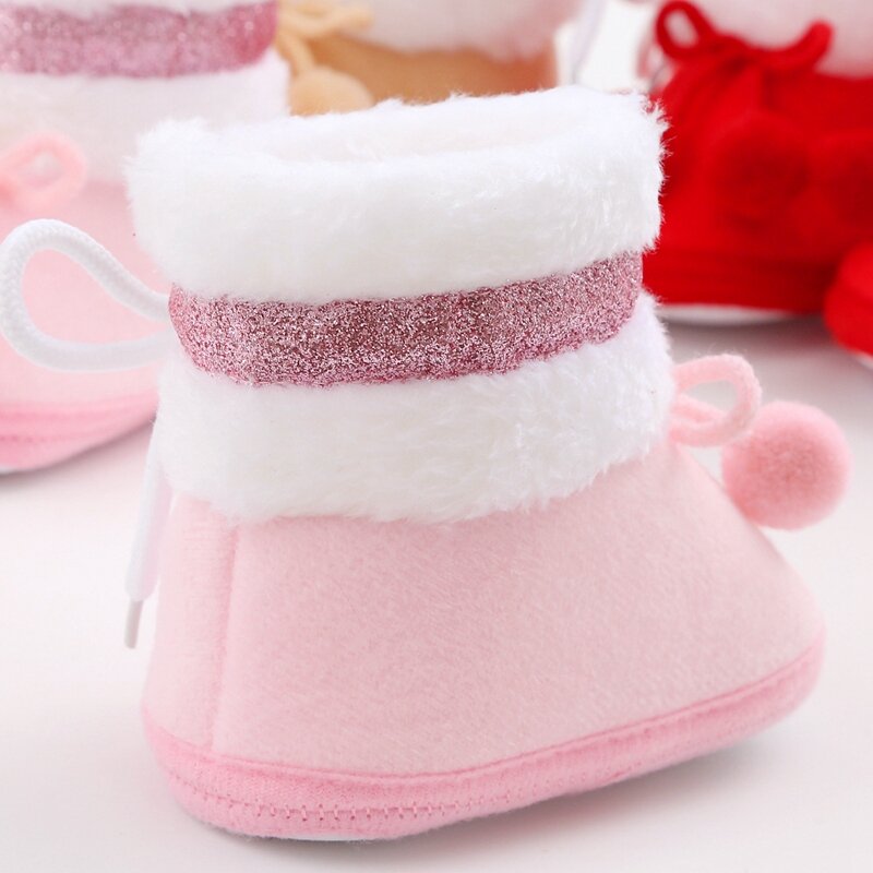 VISgogo Baby Cute Thickened Plush Boots Flat Shoes Infant Girls Bobbles Bow Non-Slip Soft Sole First Walker Winter Warm Shoes