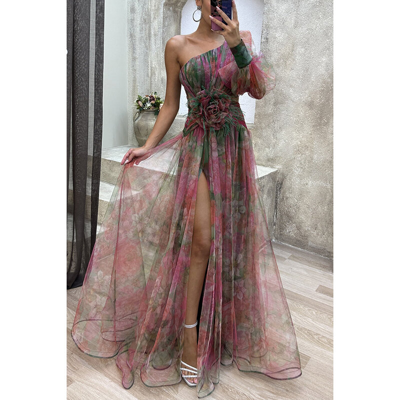 Women Tulle Printed Party Dress Sexy One Shoulder Long Sleeve Applique High Split Prom Dresses Elegant Ladies Cocktail Maxi Gown