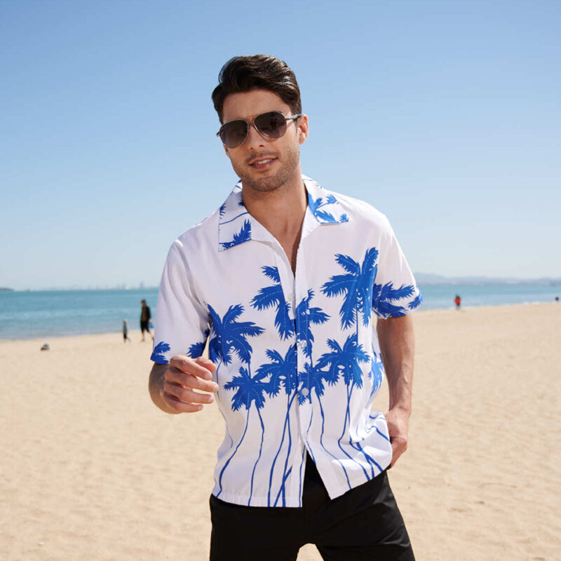 Camisas de palmeiras masculinas, tops havaianos retrô, roupas de praia casuais, rua alta e bonito legal, verão