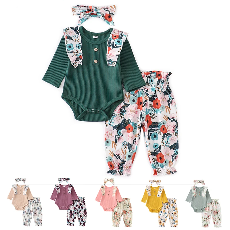 女の赤ちゃんの花のフリルロンパース、新生児の衣装、幼児の服、かわいいトップ、パンツ、ヘッドバンド、幼児服、長袖、3個