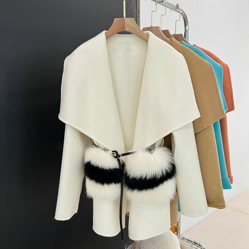 Abrigo de lana de longitud media para mujer, con bolsillo abrigo de piel de zorro, solapa grande, ligero de lujo, otoño e invierno, nuevo, 2023