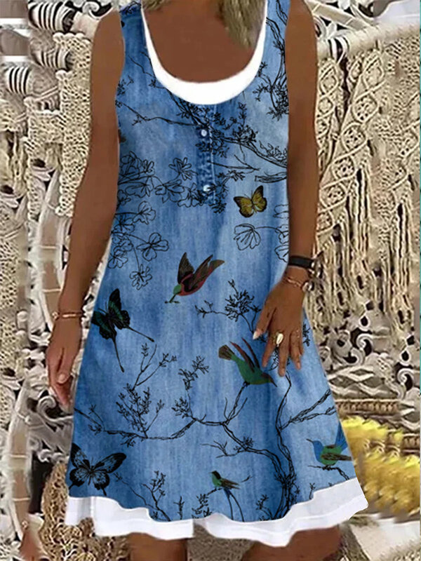 2023 여름 여성 디지털 인쇄 캐주얼 드레스, 여성 민소매 의류, 루즈 패션