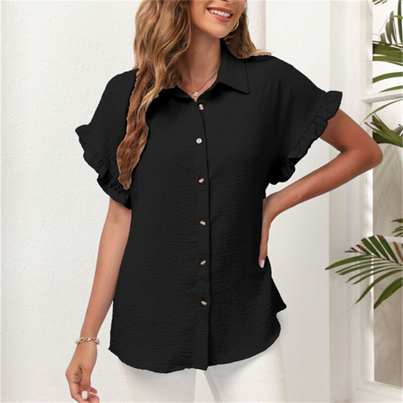 女性用半袖シフォンブラウス,フリルとVネックのエレガントなシャツ,無地,ラージサイズ,2022