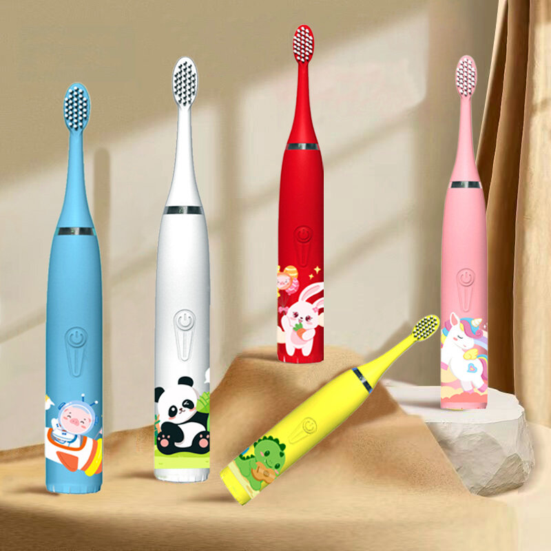 Brosse à dents électrique sonique étanche pour enfants, têtes de rechange, aste automatiquement, dessin animé coloré, IPX7