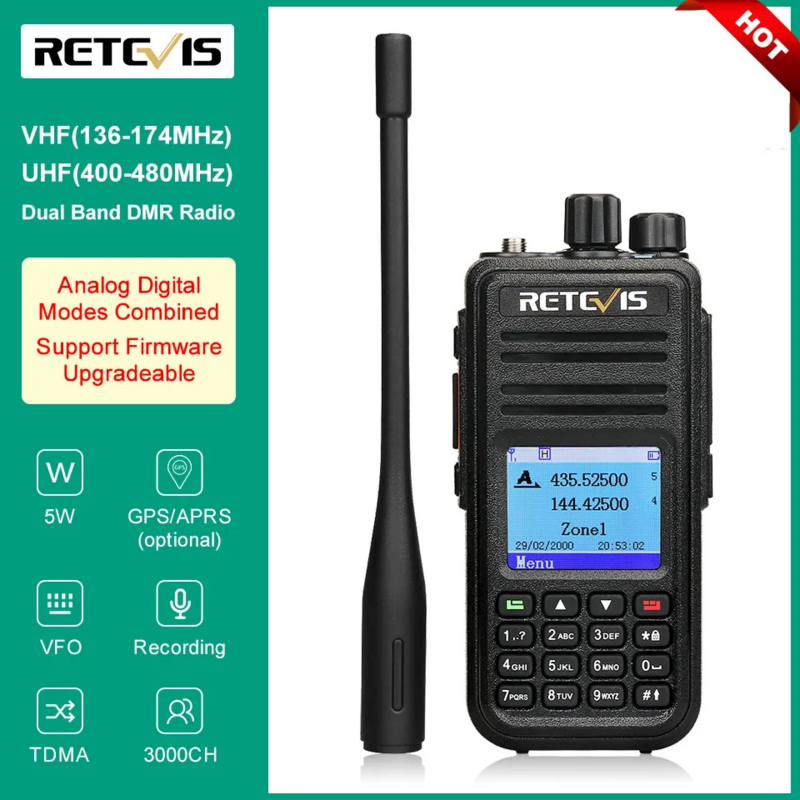 Retevis RT3S DMR walkie-talkie digital analógico radioaficionado de doble propósito radios de comunicación bidireccional profesionales portátil pantalla grande a color pantalla LCD PTT VHF UHF GPS APRS 5W