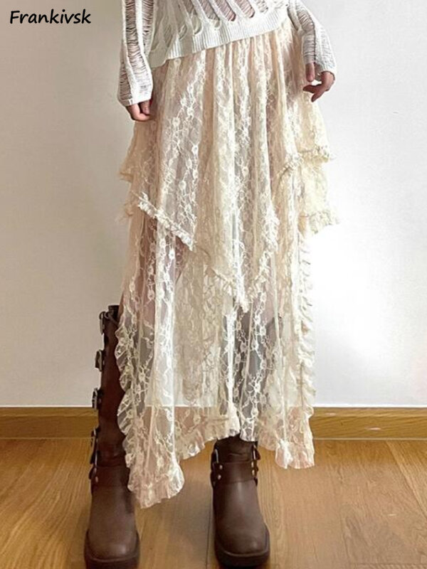 Асимметричные кружевные юбки, женская летняя одежда, Мягкая универсальная шикарная уличная одежда Y2k, модная Свободная Женская юбка в Корейском стиле