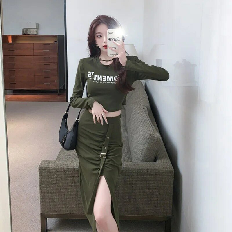 Women Autumn 2023 Korean Style Girl Personality Pleated Irregular Long Skirt + Grunge Green Drawstring Split Skirt 2 Pieces Suit