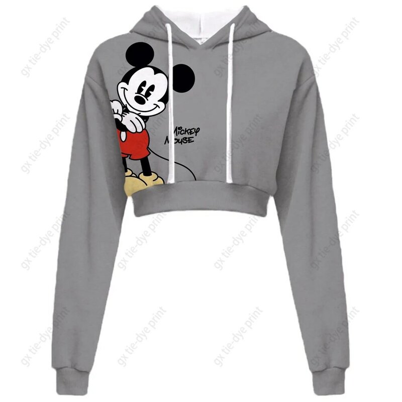 Hoodie Gambar Disney Mickey Mouse musim gugur baju lucu kasual Y2k Harajuku bertudung pendek anak perempuan kartun imut Anime