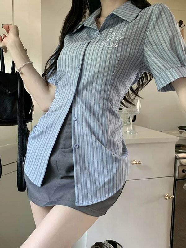 Jmprs Vintage Striped Slim Shirt Women Korean Short Sleeve Casual Blouse Summer Design Embroidery Sweet High Quality Retro Tops