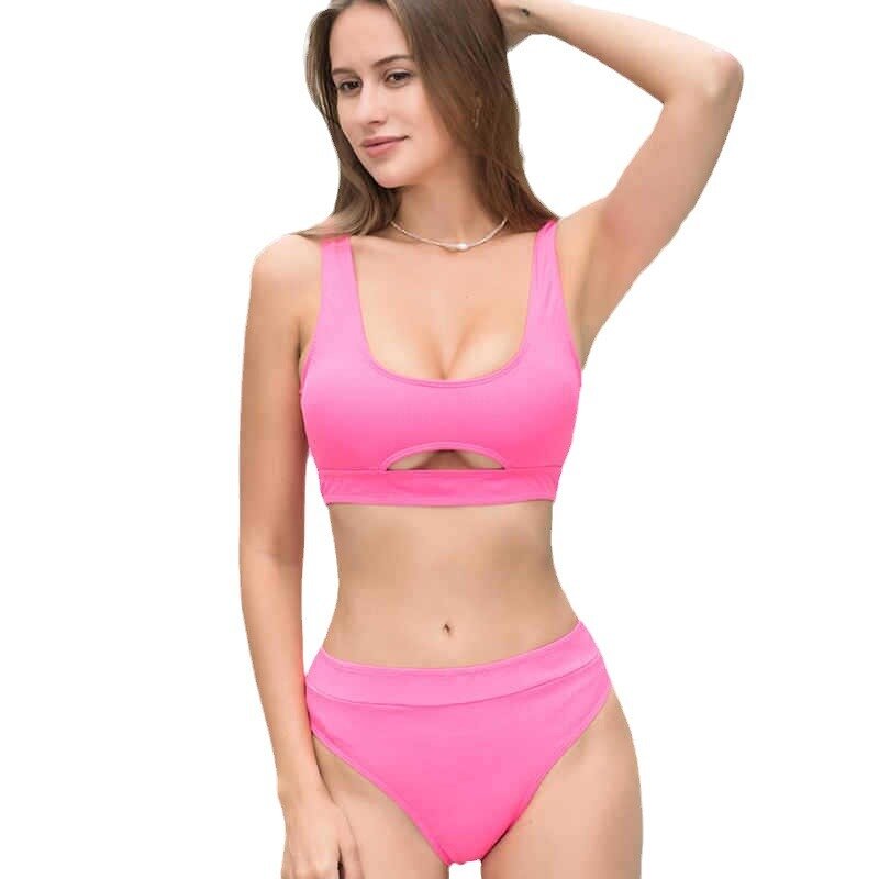 Женский сексуальный розовый комплект бикини, женский купальник-бандо с высокой талией, купальный костюм из двух предметов, пляжная одежда, бикини