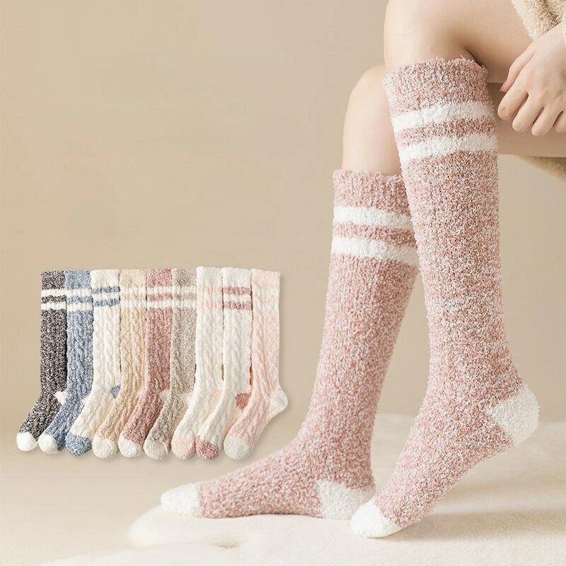 Зимние теплые носки выше колена из кораллового флиса, женские плюшевые носки для дома и сна, длинные носки, однотонные мягкие носки до бедра