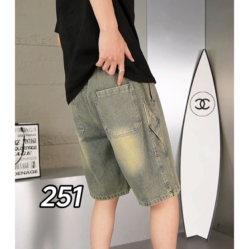 2024 New Summer New Men's Denim Shorts Loose Stitching Straight Leg Jeans Fashionable Wide-leg Elastic Waist Korean Streetwear