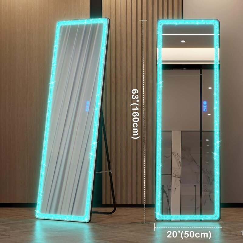 Espejo de longitud completa con luz LED, 63x20, diamantes, RGB de suelo independiente, 7 velocidades de color ajustables
