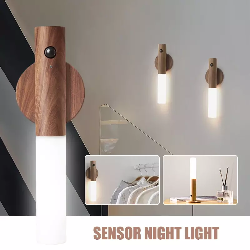 Lámpara LED de pared con Sensor inteligente de movimiento, palo de madera inalámbrico, luz nocturna, pasillo, armario, decoración del hogar