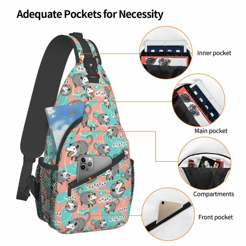 Opossum Screm Pattern Crossbody Sling Bag Small Chest Bag Possum Animal Shoulder Backpack Daypack for Hiking Outdoor Travel Bag