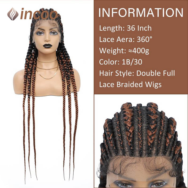 Wig kepang Frontal renda panjang sintetis penuh 36 inci untuk wanita Wig kepang kotak tanpa simpul Jumbo Wig Swiss Lace Cornrow Lace Wig