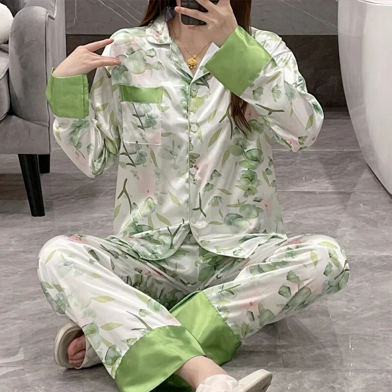2024 Floral Print Simulated Silk Women Sleepwear Spring Autumn China Style Ink Painting Classic Pajamas Loose Soft Lady Lounge