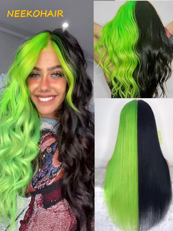 Peruca frontal de renda longa e reta para mulheres, peruca de cabelo humano meio verde, dois tons, peruca cosplay 13x6, bicolor, verde