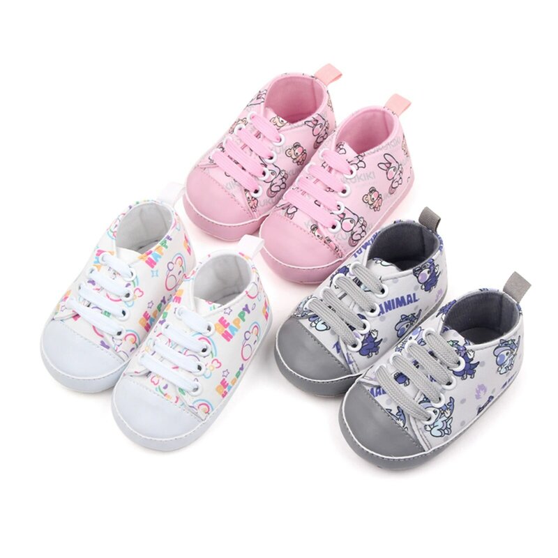 Sapatos de berço tie-up com estampa para bebês meninos e meninas, tênis antiderrapantes, primeiros caminhantes infantis, 0-18m