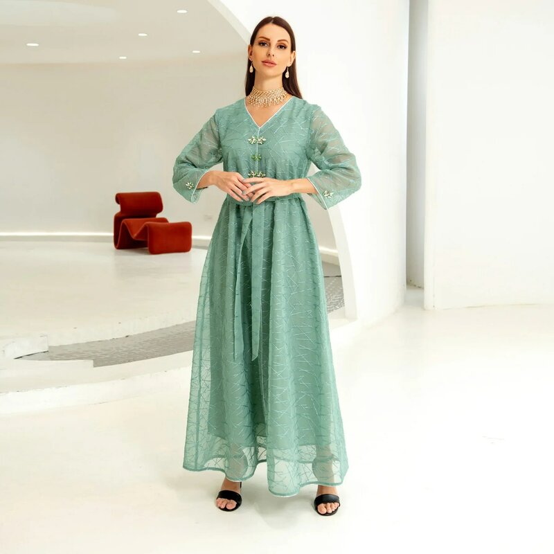 Hand Beaded Temperament Abayas for Women Lace-up Turkey Islam Long Dress  Muslim Dress Women Dubai Abayas Kaftan Femme Musulman