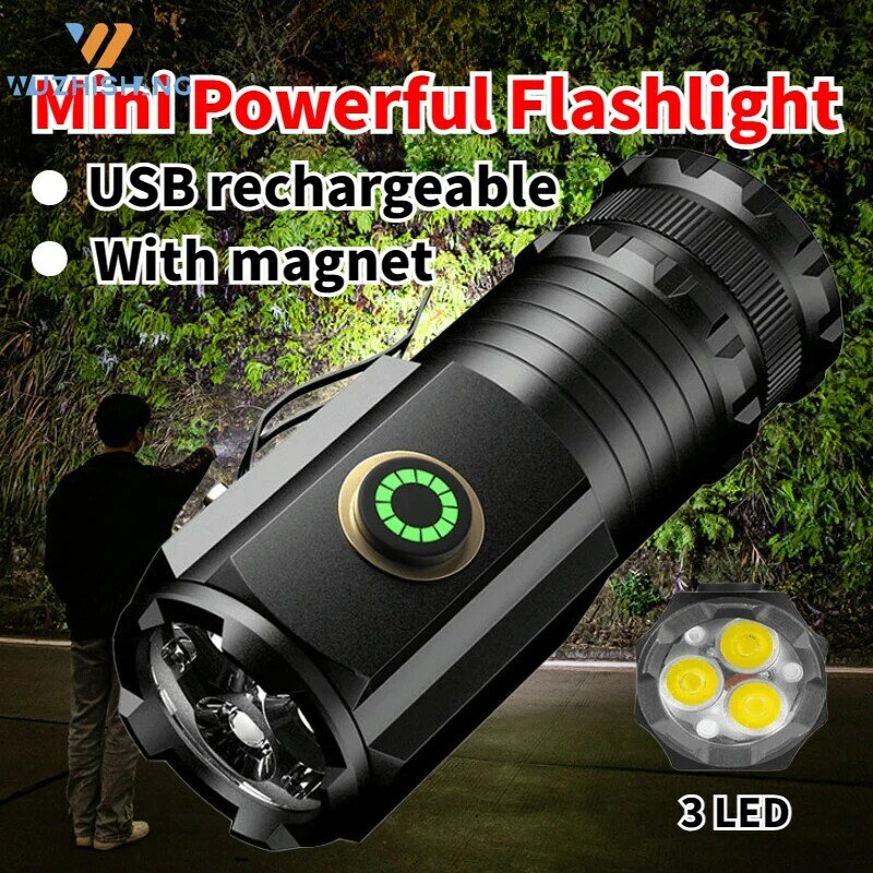 Lanterna tática de alto brilho Lanterna de acampamento ao ar livre Forte magnético, Iluminação remota, 5 modos, Tocha multiuso, 3 LED