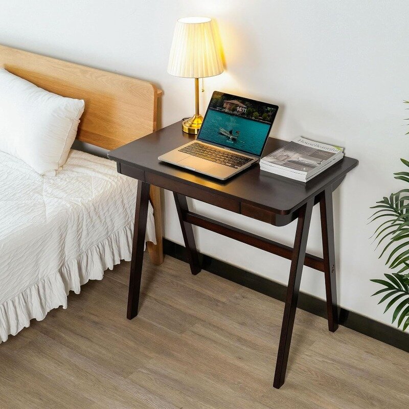 Escritorio de escritura de madera maciza para el hogar, escritorios de oficina modernos de mediados de siglo, escritorio pequeño para dormitorio, 29,1 H x 31,5 W x 19,7 D pulgadas, nogal