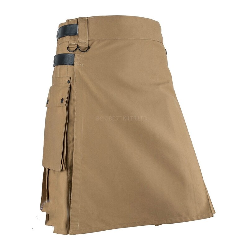 2022Holiday Utility Kilt Cargo Pocket Tartan Pleated Skirt Celtic Scottish Larp Costume Strap Cotton Bottoms Solid Color For Men