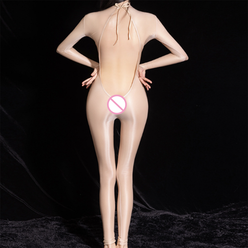 Сексуальные женские высокие эластичные прозрачные чулки с открытой спиной боди с длинным рукавом блестящее Эротическое нижнее белье