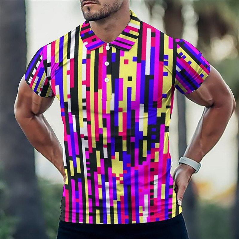 Homens 3D Color Graffiti Stripe Print Camisas Polo, camisas de manga curta lapela, blusa casual de golfe, botões Tops, moda