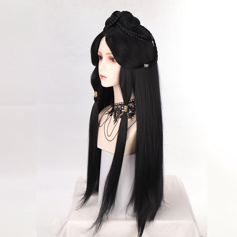 SEEANO-peruca hanfu para mulheres, estilo chinês, peça de cabelo sintético, almofada de modelagem antiga, acessórios para cabelo preto, cocar