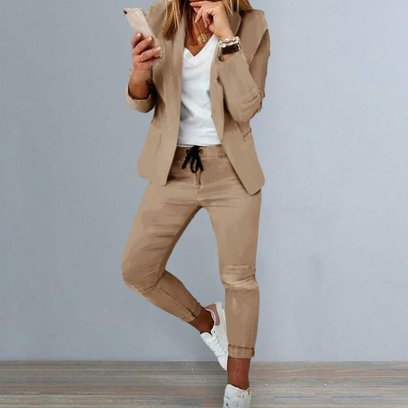 ชุดเสื้อกางเกง2ชิ้น/เซ็ตสำหรับผู้หญิงชุดธุรกิจสายกระเป๋าสีพื้นเอวยางยืดชุดสูทเบลเซอร์กางเกงกระชับรูปร่างปกกางเกง