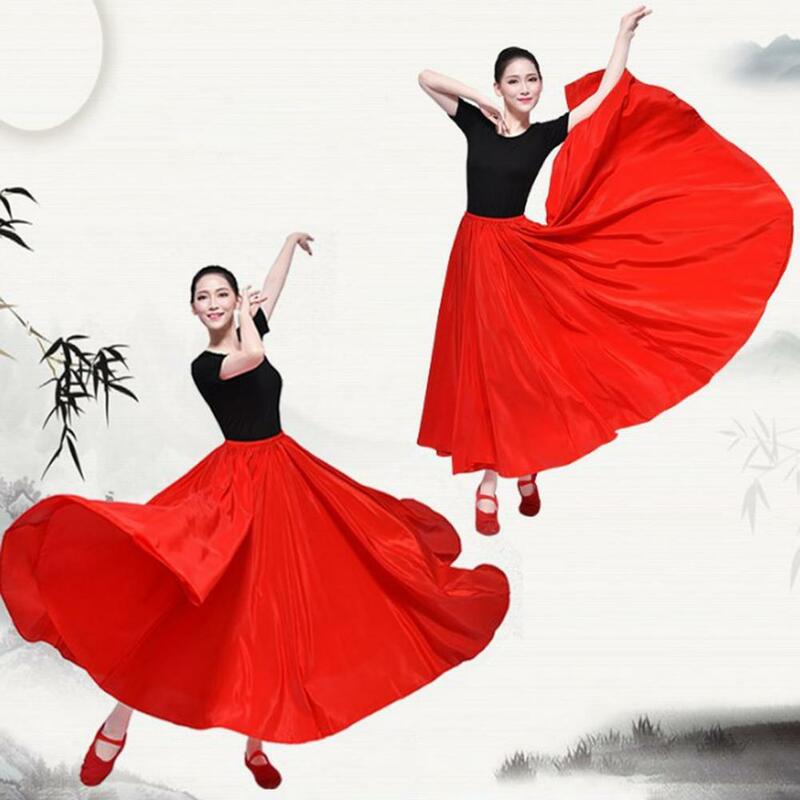 Falda larga de satén con dobladillo grande para mujer, prenda femenina de alta elasticidad, estilo español, para danza del vientre
