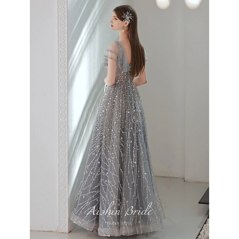 Gray Exquisite Evening Dress V-Neck Ruffle Flare Beading Sleeve Tulle Sequins Banquet Glitter Birthday Prom Wedding Gowns 