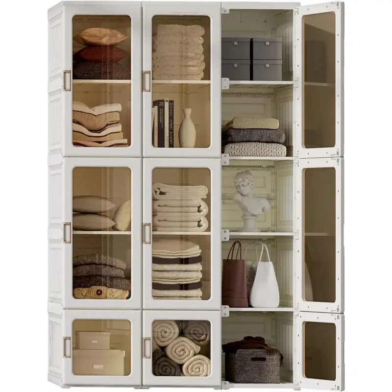 Portable Wardrobe Storage Organizer for Clothes, Painéis de Porta Transparentes, Adequado para Sala de Estar, Quarto, Armário Plástico