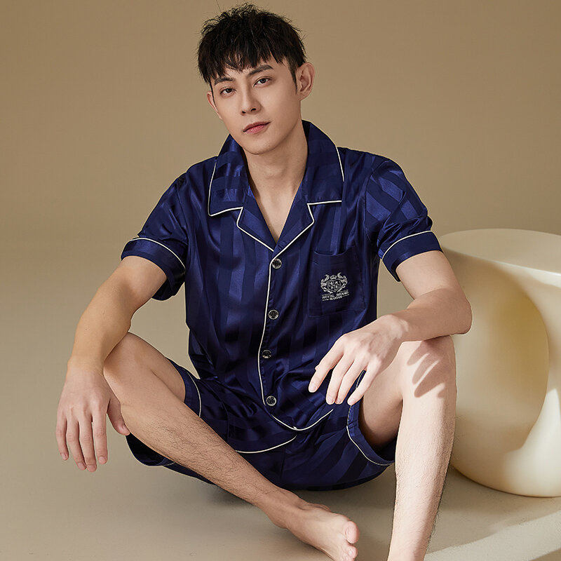 High Quality Summer Men Satin Silk Pajamas Set Plus Size M-4XL Men Short Sleeve Sleepwear Male Pijama