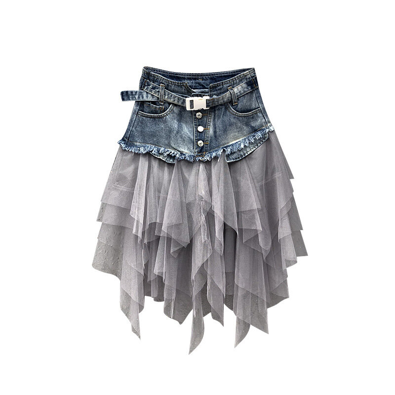Женская джинсовая юбка с высокой талией, трапециевидная юбка составного кроя с асимметричными оборками, Готическая шикарная юбка из фатина Q878