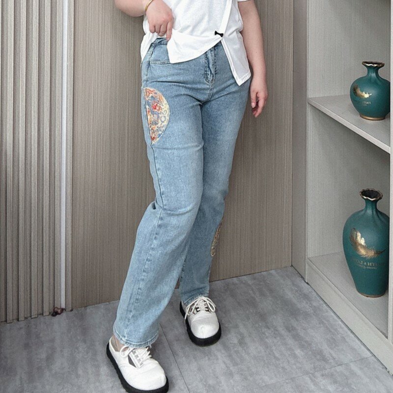 Dżinsy z haftem w stylu chińskim damskie 2024, wiosenne i jesienne, plus size, luźne, proste spodnie z wysokim stanem