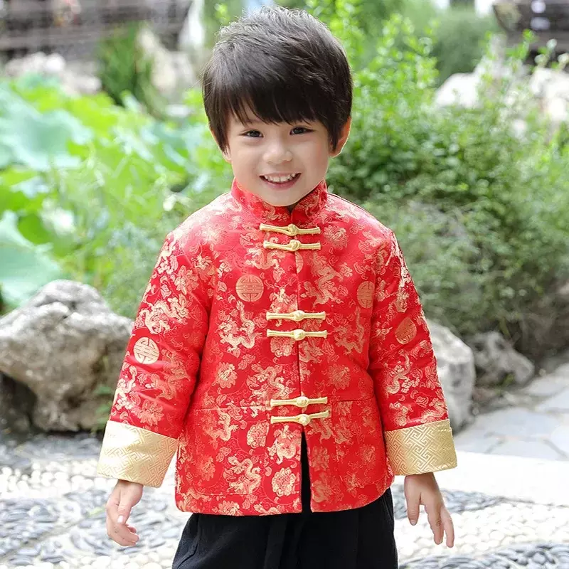 Roupa tradicional chinesa para crianças, Ano Novo, Festival de Bebé, Fantasia Retro, Dragão Dourado, Terno Tang, Top estampado de cetim, Conjunto de calças