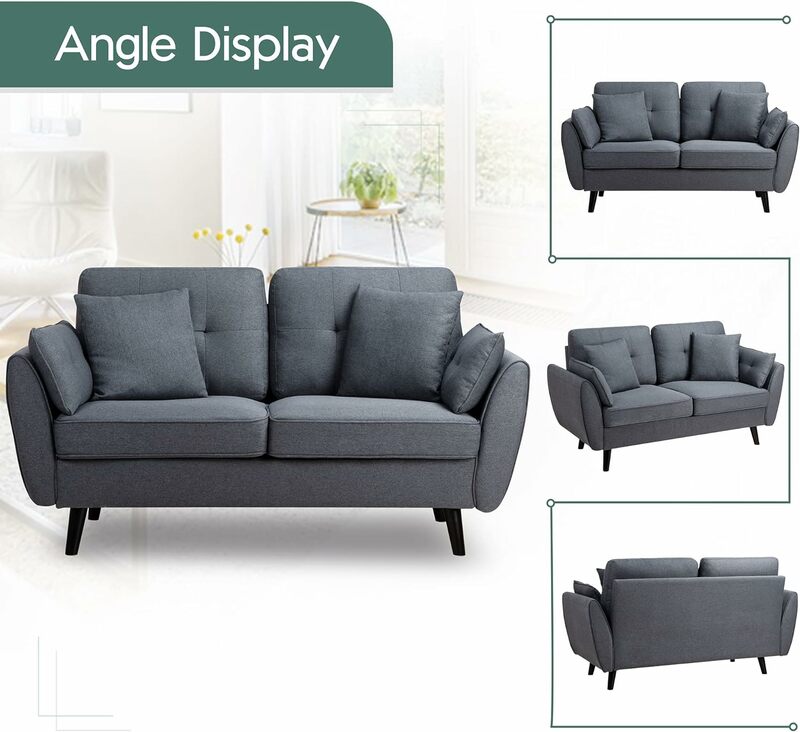 Loveseat-sofá moderno de mediados de siglo para sala de estar, tapizado, 2 asientos con almohada, sofá espacial pequeño, 63"