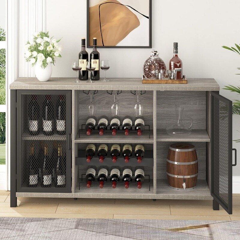 IBF Rustykalna szafka barowa na alkohol, przemysłowa szafka na kawę i wino na alkohol i kieliszki, bar w gabinecie do domowej kuchni, jadalni