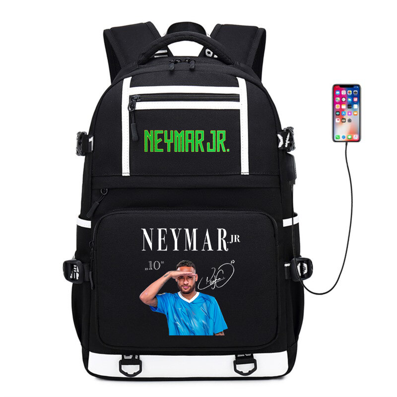 Neymar mochila com estampa para estudante, grande capacidade mochila preta para viagens ao ar livre