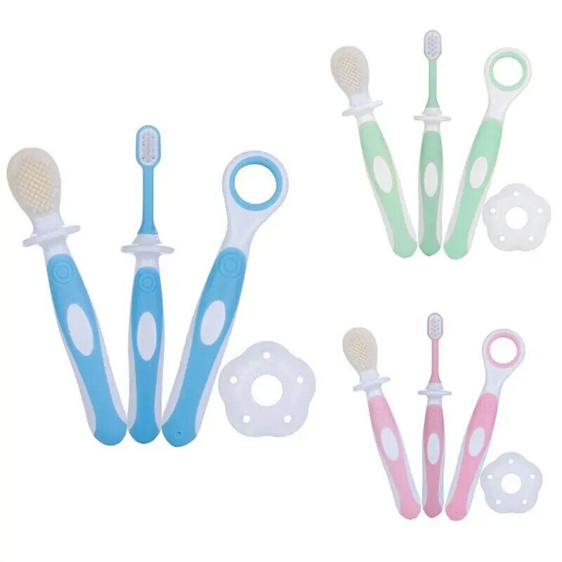 Baby Soft Toothbrush Tongue Cleaner Scraper Nowborn Toothbrush Teething Ring Blue Pink Green Age 0-3 Years Old