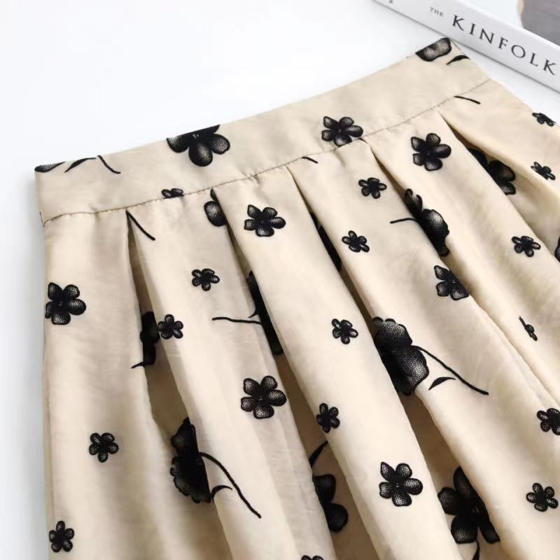 Summer Women Fashion Korean High Waist Flowers Mesh Skirts Folds New Elastic High Waist Casual Thin Slim Versatile A-line Skirt